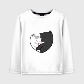 Детский лонгслив хлопок с принтом Влюблённые котики в Петрозаводске, 100% хлопок | круглый вырез горловины, полуприлегающий силуэт, длина до линии бедер | арт | белая кошка | белый кот | влюблённые | кот | кот и кошка | кошка | любовь | пара | рисунок | чёрная кошка | чёрный кот