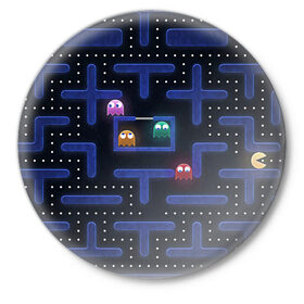 Значок с принтом Pacman в Петрозаводске,  металл | круглая форма, металлическая застежка в виде булавки | Тематика изображения на принте: pac man | pacman | аркады | пакмэн