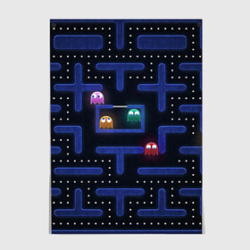 Постер с принтом Pacman в Петрозаводске, 100% бумага
 | бумага, плотность 150 мг. Матовая, но за счет высокого коэффициента гладкости имеет небольшой блеск и дает на свету блики, но в отличии от глянцевой бумаги не покрыта лаком | pac man | pacman | аркады | пакмэн