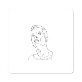 Магнит виниловый Квадрат с принтом портрет одной линией в Петрозаводске, полимерный материал с магнитным слоем | размер 9*9 см, закругленные углы | красавчик | лица мужчины | минимализм | мужчина | не отрывая руки | одной линией | рисунок линиями | тумблер | чб | черные линии