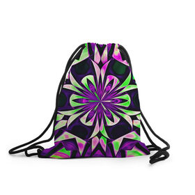 Рюкзак-мешок 3D с принтом Kaleidoscope в Петрозаводске, 100% полиэстер | плотность ткани — 200 г/м2, размер — 35 х 45 см; лямки — толстые шнурки, застежка на шнуровке, без карманов и подкладки | abstraction | fractal | kaleidoscope | light green | pattern | purple | symmetry | абстракция | калейдоскоп | салатовый | симметрия | узор | фиолетовый | фрактал