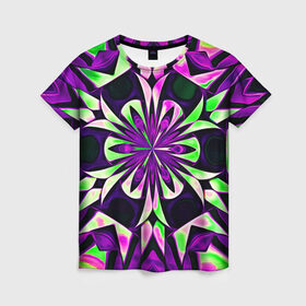 Женская футболка 3D с принтом Kaleidoscope в Петрозаводске, 100% полиэфир ( синтетическое хлопкоподобное полотно) | прямой крой, круглый вырез горловины, длина до линии бедер | abstraction | fractal | kaleidoscope | light green | pattern | purple | symmetry | абстракция | калейдоскоп | салатовый | симметрия | узор | фиолетовый | фрактал