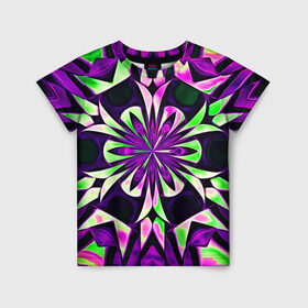 Детская футболка 3D с принтом Kaleidoscope в Петрозаводске, 100% гипоаллергенный полиэфир | прямой крой, круглый вырез горловины, длина до линии бедер, чуть спущенное плечо, ткань немного тянется | abstraction | fractal | kaleidoscope | light green | pattern | purple | symmetry | абстракция | калейдоскоп | салатовый | симметрия | узор | фиолетовый | фрактал