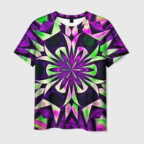 Мужская футболка 3D с принтом Kaleidoscope в Петрозаводске, 100% полиэфир | прямой крой, круглый вырез горловины, длина до линии бедер | Тематика изображения на принте: abstraction | fractal | kaleidoscope | light green | pattern | purple | symmetry | абстракция | калейдоскоп | салатовый | симметрия | узор | фиолетовый | фрактал