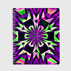 Тетрадь с принтом Kaleidoscope в Петрозаводске, 100% бумага | 48 листов, плотность листов — 60 г/м2, плотность картонной обложки — 250 г/м2. Листы скреплены сбоку удобной пружинной спиралью. Уголки страниц и обложки скругленные. Цвет линий — светло-серый
 | abstraction | fractal | kaleidoscope | light green | pattern | purple | symmetry | абстракция | калейдоскоп | салатовый | симметрия | узор | фиолетовый | фрактал