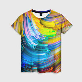 Женская футболка 3D с принтом Цветные полоски в Петрозаводске, 100% полиэфир ( синтетическое хлопкоподобное полотно) | прямой крой, круглый вырез горловины, длина до линии бедер | colors | полоски | радуга | спагетти | цвета | цветная | цветные спагетти