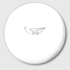 Значок с принтом самолетик в Петрозаводске,  металл | круглая форма, металлическая застежка в виде булавки | белый самолетик | бумажный самолетик | минимализм | розовое сердечко | самолет | самолетик | сердечко | тумблер | чб