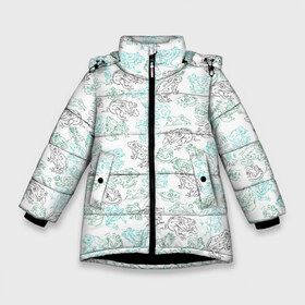Зимняя куртка для девочек 3D с принтом Лягушечки в Петрозаводске, ткань верха — 100% полиэстер; подклад — 100% полиэстер, утеплитель — 100% полиэстер. | длина ниже бедра, удлиненная спинка, воротник стойка и отстегивающийся капюшон. Есть боковые карманы с листочкой на кнопках, утяжки по низу изделия и внутренний карман на молнии. 

Предусмотрены светоотражающий принт на спинке, радужный светоотражающий элемент на пуллере молнии и на резинке для утяжки. | Тематика изображения на принте: жаба | жабы | лягушечки | лягушка | лягушки | прыгуны