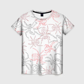 Женская футболка 3D с принтом Цветные паучки в Петрозаводске, 100% полиэфир ( синтетическое хлопкоподобное полотно) | прямой крой, круглый вырез горловины, длина до линии бедер | паук | пауки | паучишка | паучище | паучки | паучок