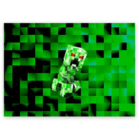 Поздравительная открытка с принтом Minecraft creeper в Петрозаводске, 100% бумага | плотность бумаги 280 г/м2, матовая, на обратной стороне линовка и место для марки
 | Тематика изображения на принте: blox | creeper | dungeons | game | geometry | logo | pixel | steve | алекс | герои | детям | зелень | игра | квадраты | крипер | куб | логотипы игр | майнкрафт | мальчикам | мобы | персонажи | пиксель | пиксельный | подземелья