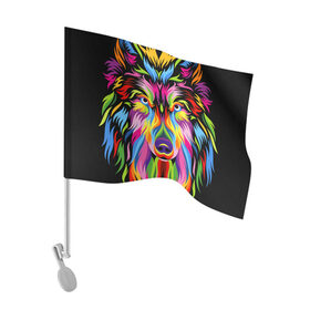 Флаг для автомобиля с принтом Neon wolf в Петрозаводске, 100% полиэстер | Размер: 30*21 см | color | ears | eyes | muzzle | neon | nose | paint | skin | view | wolf | взгляд | волк | глаза | краска | неон | нос | уши | цвет | шерсть