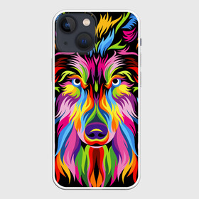 Чехол для iPhone 13 mini с принтом Neon wolf в Петрозаводске,  |  | color | ears | eyes | muzzle | neon | nose | paint | skin | view | wolf | взгляд | волк | глаза | краска | неон | нос | уши | цвет | шерсть