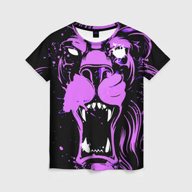 Женская футболка 3D с принтом Pink lion в Петрозаводске, 100% полиэфир ( синтетическое хлопкоподобное полотно) | прямой крой, круглый вырез горловины, длина до линии бедер | ears | eyes | fangs | jaw | lion | mane | muzzle | neon | pink | глаза | грива | клыки | лев | неон | пасть | розовый | уши