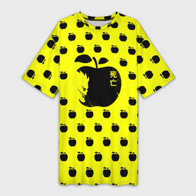 Платье-футболка 3D с принтом яблочки Рюка желтый фон в Петрозаводске,  |  | anime | death note | kira | manga | ryuk | аниме | герой | детектив | детнот | детх нот | детхнот | дэсу ното | иероглиф | кандзи | кира | манга | миса | риюк | рьюзаки | рюзаки | рюк | синигами | тетрадка | эл | э