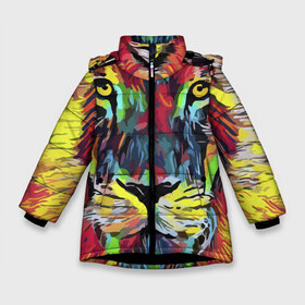 Зимняя куртка для девочек 3D с принтом Rainbow lion в Петрозаводске, ткань верха — 100% полиэстер; подклад — 100% полиэстер, утеплитель — 100% полиэстер. | длина ниже бедра, удлиненная спинка, воротник стойка и отстегивающийся капюшон. Есть боковые карманы с листочкой на кнопках, утяжки по низу изделия и внутренний карман на молнии. 

Предусмотрены светоотражающий принт на спинке, радужный светоотражающий элемент на пуллере молнии и на резинке для утяжки. | Тематика изображения на принте: color | ears | eyes | jaw | lion | mane | muzzle | nose | paint | view | взгляд | глаза | грива | краска | лев | нос | пасть | цвет