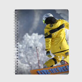Тетрадь с принтом сноубордист в Петрозаводске, 100% бумага | 48 листов, плотность листов — 60 г/м2, плотность картонной обложки — 250 г/м2. Листы скреплены сбоку удобной пружинной спиралью. Уголки страниц и обложки скругленные. Цвет линий — светло-серый
 | snowboard | прыжок | сноуборд | сноубординг | сноубордист | экстрим