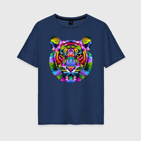 Женская футболка хлопок Oversize с принтом Color tiger в Петрозаводске, 100% хлопок | свободный крой, круглый ворот, спущенный рукав, длина до линии бедер
 | color | ears | eyes | muzzle | neon | tiger | vanguard | view | авангард | взгляд | глаза | неон | тигр | уши | цвет