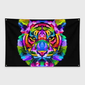 Флаг-баннер с принтом Neon tiger в Петрозаводске, 100% полиэстер | размер 67 х 109 см, плотность ткани — 95 г/м2; по краям флага есть четыре люверса для крепления | Тематика изображения на принте: color | ears | eyes | muzzle | neon | tiger | vanguard | view | авангард | взгляд | глаза | неон | тигр | уши | цвет