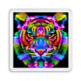 Магнит 55*55 с принтом Neon tiger в Петрозаводске, Пластик | Размер: 65*65 мм; Размер печати: 55*55 мм | color | ears | eyes | muzzle | neon | tiger | vanguard | view | авангард | взгляд | глаза | неон | тигр | уши | цвет