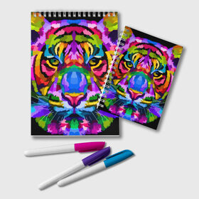 Блокнот с принтом Neon tiger в Петрозаводске, 100% бумага | 48 листов, плотность листов — 60 г/м2, плотность картонной обложки — 250 г/м2. Листы скреплены удобной пружинной спиралью. Цвет линий — светло-серый
 | color | ears | eyes | muzzle | neon | tiger | vanguard | view | авангард | взгляд | глаза | неон | тигр | уши | цвет