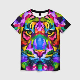 Женская футболка 3D с принтом Neon tiger в Петрозаводске, 100% полиэфир ( синтетическое хлопкоподобное полотно) | прямой крой, круглый вырез горловины, длина до линии бедер | color | ears | eyes | muzzle | neon | tiger | vanguard | view | авангард | взгляд | глаза | неон | тигр | уши | цвет
