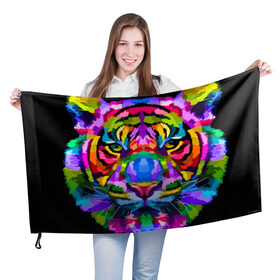 Флаг 3D с принтом Neon tiger в Петрозаводске, 100% полиэстер | плотность ткани — 95 г/м2, размер — 67 х 109 см. Принт наносится с одной стороны | color | ears | eyes | muzzle | neon | tiger | vanguard | view | авангард | взгляд | глаза | неон | тигр | уши | цвет