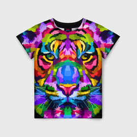 Детская футболка 3D с принтом Neon tiger в Петрозаводске, 100% гипоаллергенный полиэфир | прямой крой, круглый вырез горловины, длина до линии бедер, чуть спущенное плечо, ткань немного тянется | color | ears | eyes | muzzle | neon | tiger | vanguard | view | авангард | взгляд | глаза | неон | тигр | уши | цвет
