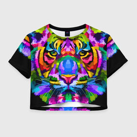 Женская футболка Crop-top 3D с принтом Neon tiger в Петрозаводске, 100% полиэстер | круглая горловина, длина футболки до линии талии, рукава с отворотами | color | ears | eyes | muzzle | neon | tiger | vanguard | view | авангард | взгляд | глаза | неон | тигр | уши | цвет