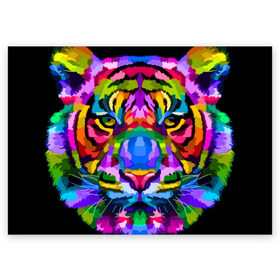 Поздравительная открытка с принтом Neon tiger в Петрозаводске, 100% бумага | плотность бумаги 280 г/м2, матовая, на обратной стороне линовка и место для марки
 | Тематика изображения на принте: color | ears | eyes | muzzle | neon | tiger | vanguard | view | авангард | взгляд | глаза | неон | тигр | уши | цвет
