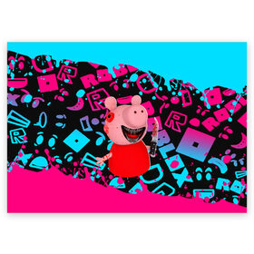 Поздравительная открытка с принтом Roblox piggy/Свинка Пигги в Петрозаводске, 100% бумага | плотность бумаги 280 г/м2, матовая, на обратной стороне линовка и место для марки
 | game | piggy | roblox | блок | игра | игрушка | лего | майнкрафт | персонажи | персонажи из кубиков | пигги | роблокс | робот | свинка