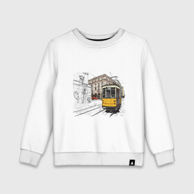 Детский свитшот хлопок с принтом Белый и желтый поезд в Петрозаводске, 100% хлопок | круглый вырез горловины, эластичные манжеты, пояс и воротник | белый и желтый поезд | город | дорога | трамвай | транспорт | улица