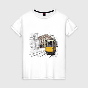 Женская футболка хлопок с принтом Белый и желтый поезд в Петрозаводске, 100% хлопок | прямой крой, круглый вырез горловины, длина до линии бедер, слегка спущенное плечо | белый и желтый поезд | город | дорога | трамвай | транспорт | улица