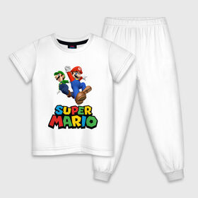Детская пижама хлопок с принтом Super Mario в Петрозаводске, 100% хлопок |  брюки и футболка прямого кроя, без карманов, на брюках мягкая резинка на поясе и по низу штанин
 | game | mario kart live home circuit | super mario | super mario 3d world | super mario 64 | super mario galaxy | super mario sunshine | гумба | игра super mario | игра марио | йоши | купалинги | лакиту | луиджи | марио | надпись | нинтендо | 