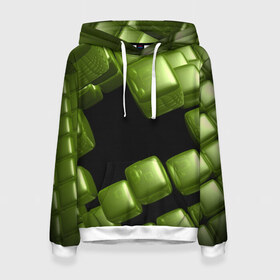 Женская толстовка 3D с принтом зеленый куб в Петрозаводске, 100% полиэстер  | двухслойный капюшон со шнурком для регулировки, мягкие манжеты на рукавах и по низу толстовки, спереди карман-кенгуру с мягким внутренним слоем. | 3d | абстракция | зеленый | илюзия | квадрат | куб