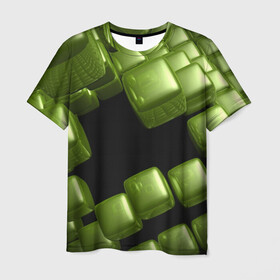 Мужская футболка 3D с принтом зеленый куб в Петрозаводске, 100% полиэфир | прямой крой, круглый вырез горловины, длина до линии бедер | 3d | абстракция | зеленый | илюзия | квадрат | куб