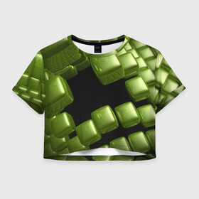 Женская футболка Crop-top 3D с принтом зеленый куб в Петрозаводске, 100% полиэстер | круглая горловина, длина футболки до линии талии, рукава с отворотами | 3d | абстракция | зеленый | илюзия | квадрат | куб