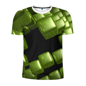 Мужская футболка 3D спортивная с принтом зеленый куб в Петрозаводске, 100% полиэстер с улучшенными характеристиками | приталенный силуэт, круглая горловина, широкие плечи, сужается к линии бедра | 3d | абстракция | зеленый | илюзия | квадрат | куб