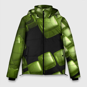 Мужская зимняя куртка 3D с принтом зеленый куб в Петрозаводске, верх — 100% полиэстер; подкладка — 100% полиэстер; утеплитель — 100% полиэстер | длина ниже бедра, свободный силуэт Оверсайз. Есть воротник-стойка, отстегивающийся капюшон и ветрозащитная планка. 

Боковые карманы с листочкой на кнопках и внутренний карман на молнии. | Тематика изображения на принте: 3d | абстракция | зеленый | илюзия | квадрат | куб