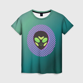 Женская футболка 3D с принтом Инопланетяша на зеленом фоне в Петрозаводске, 100% полиэфир ( синтетическое хлопкоподобное полотно) | прямой крой, круглый вырез горловины, длина до линии бедер | градиент | зеленый | инопланетянин | круг | лицо | наука | нло | подарок | полоски | пришелец | улыбка | фантастика | фиолетовый