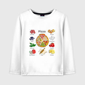 Детский лонгслив хлопок с принтом Рецепт пиццы в Петрозаводске, 100% хлопок | круглый вырез горловины, полуприлегающий силуэт, длина до линии бедер | блюдо | грибы | колбаса | колбаска | креветки | кусочки пиццы | мята | оливки | перец | пицца | помидоры | сыр | тесто