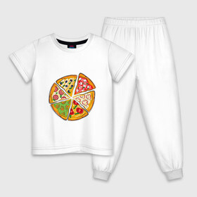 Детская пижама хлопок с принтом Пицца ассорти в Петрозаводске, 100% хлопок |  брюки и футболка прямого кроя, без карманов, на брюках мягкая резинка на поясе и по низу штанин
 | Тематика изображения на принте: грибы | колбаса | креветки | кусочки пиццы | оливки | пицца | пиццерия | помидоры