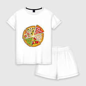 Женская пижама с шортиками хлопок с принтом Пицца ассорти в Петрозаводске, 100% хлопок | футболка прямого кроя, шорты свободные с широкой мягкой резинкой | грибы | колбаса | креветки | кусочки пиццы | оливки | пицца | пиццерия | помидоры