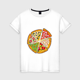 Женская футболка хлопок с принтом Пицца ассорти в Петрозаводске, 100% хлопок | прямой крой, круглый вырез горловины, длина до линии бедер, слегка спущенное плечо | грибы | колбаса | креветки | кусочки пиццы | оливки | пицца | пиццерия | помидоры