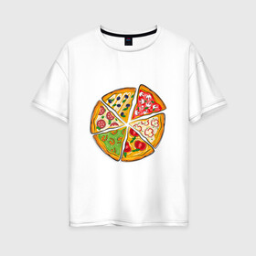 Женская футболка хлопок Oversize с принтом Пицца ассорти в Петрозаводске, 100% хлопок | свободный крой, круглый ворот, спущенный рукав, длина до линии бедер
 | Тематика изображения на принте: грибы | колбаса | креветки | кусочки пиццы | оливки | пицца | пиццерия | помидоры
