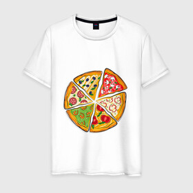 Мужская футболка хлопок с принтом Пицца ассорти в Петрозаводске, 100% хлопок | прямой крой, круглый вырез горловины, длина до линии бедер, слегка спущенное плечо. | Тематика изображения на принте: грибы | колбаса | креветки | кусочки пиццы | оливки | пицца | пиццерия | помидоры
