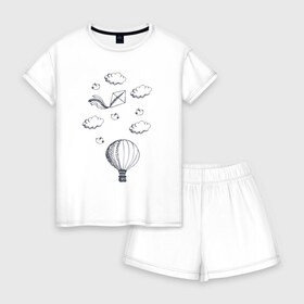 Женская пижама с шортиками хлопок с принтом Воздушный шар в Петрозаводске, 100% хлопок | футболка прямого кроя, шорты свободные с широкой мягкой резинкой | в воздухе | воздушный змей | воздушный шар | летит | нарисованный шар | облака | облачка | полет | птицы | птички | шар | шарик