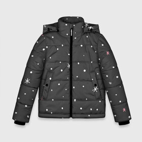 Зимняя куртка для мальчиков 3D с принтом Снежинки и звёзды в Петрозаводске, ткань верха — 100% полиэстер; подклад — 100% полиэстер, утеплитель — 100% полиэстер | длина ниже бедра, удлиненная спинка, воротник стойка и отстегивающийся капюшон. Есть боковые карманы с листочкой на кнопках, утяжки по низу изделия и внутренний карман на молнии. 

Предусмотрены светоотражающий принт на спинке, радужный светоотражающий элемент на пуллере молнии и на резинке для утяжки | белый | звезда | зима | небо | снег | снежинка | чёрный