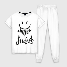 Женская пижама хлопок с принтом smile в Петрозаводске, 100% хлопок | брюки и футболка прямого кроя, без карманов, на брюках мягкая резинка на поясе и по низу штанин | english | smile its friday | настроение | прикольные надписи.