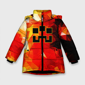Зимняя куртка для девочек 3D с принтом Minecraft Dungeons в Петрозаводске, ткань верха — 100% полиэстер; подклад — 100% полиэстер, утеплитель — 100% полиэстер. | длина ниже бедра, удлиненная спинка, воротник стойка и отстегивающийся капюшон. Есть боковые карманы с листочкой на кнопках, утяжки по низу изделия и внутренний карман на молнии. 

Предусмотрены светоотражающий принт на спинке, радужный светоотражающий элемент на пуллере молнии и на резинке для утяжки. | blox | creeper | dungeons | geometry | logo games | orange | pixel | red | steve | алекс | геометрия | детям | крипер | куб | логотипы игр | майнкрафт | мальчикам | мобы | огненный | огонь | пигги | пиксель | пиксельный | подземелья