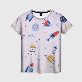 Женская футболка 3D с принтом Рисунок космоса в Петрозаводске, 100% полиэфир ( синтетическое хлопкоподобное полотно) | прямой крой, круглый вырез горловины, длина до линии бедер | арт | детский рисунок | звезда | звезды | космос | планета | планеты | ракета | ракеты | рисунок | юпитер